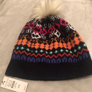 TALBOTS FAIR ISLE BEANIE WINTER  HAT, RICH MAGENTA JEWELED WINTER